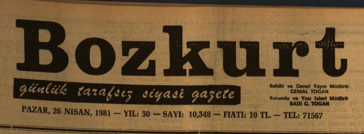 Bozkurt Gazetesi 26 Nisan 1981