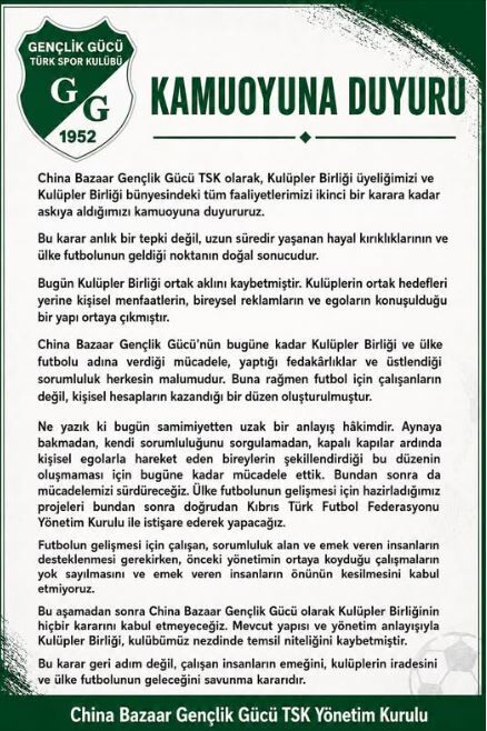 China Bazaar Gençlik Gücü Kulüpler Birliği Üyeliğini Askıya Aldı!