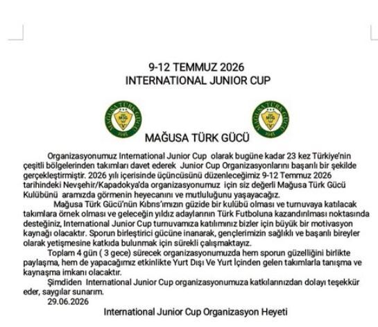 International Junior Cup’a Davet