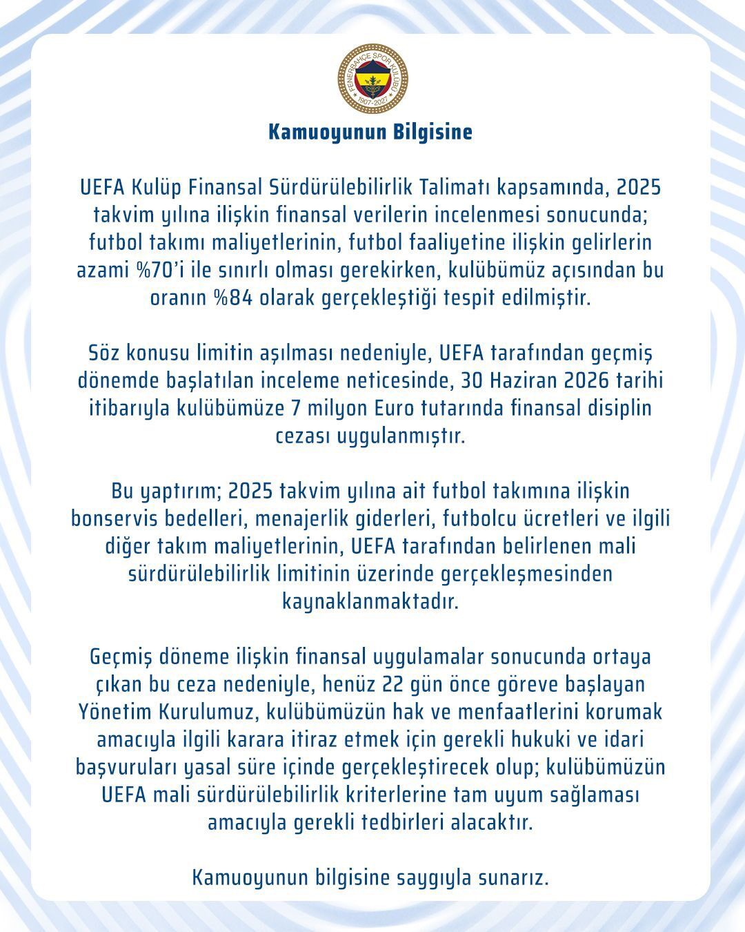 Uefa'dan Fenerbahçe'ye 7 Milyon Euroluk Ceza!