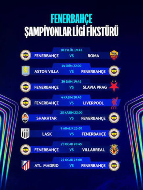 Fenerbahçe'nin Şampiyonlar Ligi Fikstürü